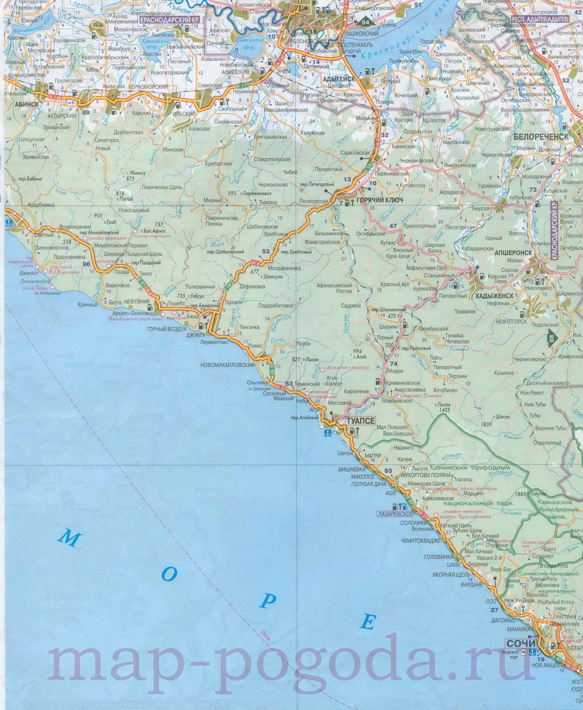 Карта побережья черного моря с городами и поселками краснодарский