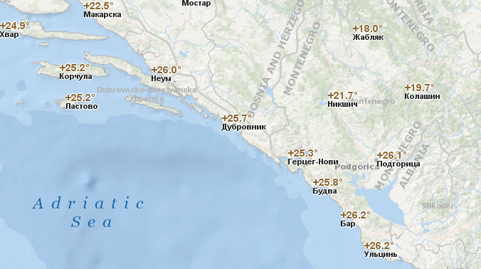 Температура воздуха в Черногории по городам в сентябре