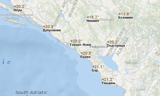 Температура воздуха в Черногории по городам в октябре