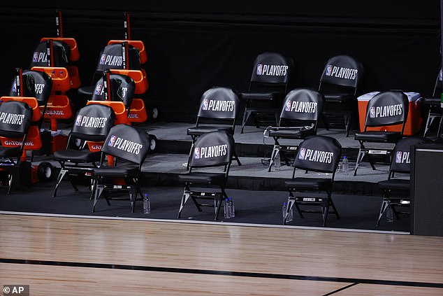 Benches sit empty at game time of a scheduled game between the Milwaukee Bucks and the Orlando Magic for Game 5 of an NBA basketball first-round playoff series on Wednesday