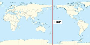 Карта Земли с Тихим океаном в центре, с красной вертикальной линией, идущая по всей высоту только к западу от Берингова пролива и к востоку от Новой Зеландии.