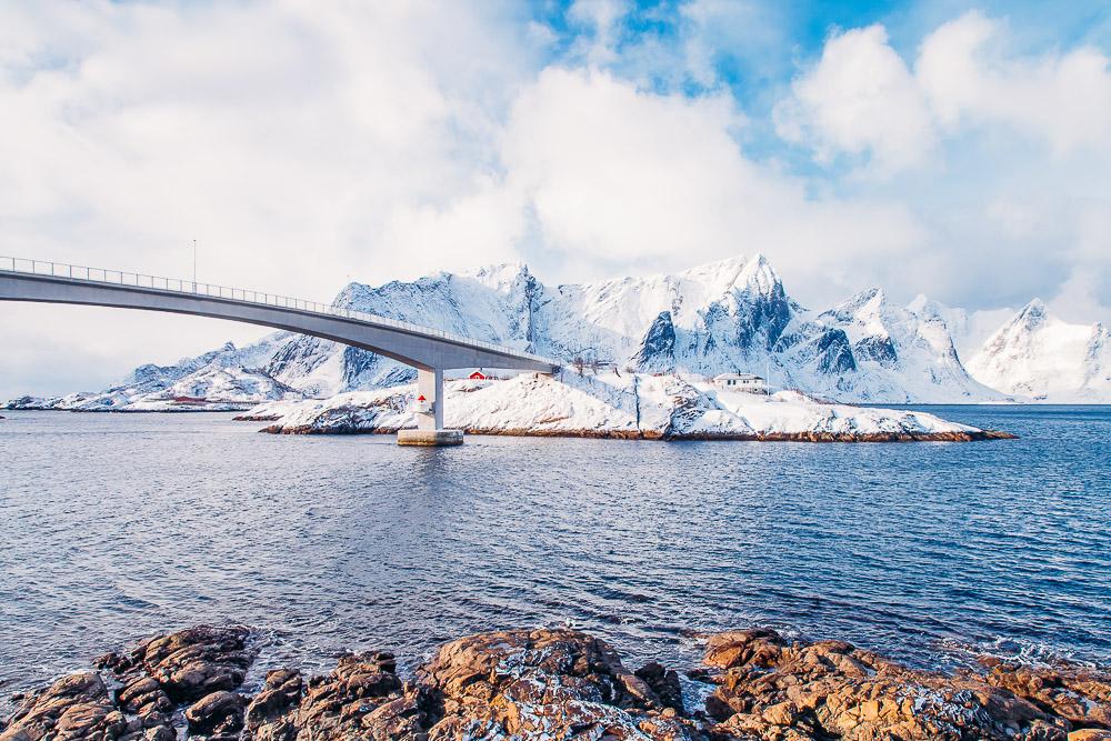 bridge hamnøy lofoten norway winter snow