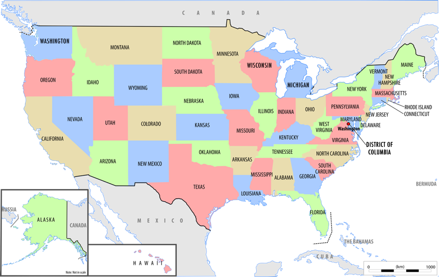 Map of US States. Political map with US States labeled.