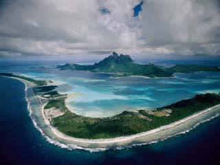 Aerial View of Bora-Bora, its White Beaches Ringed by a Coral Reef